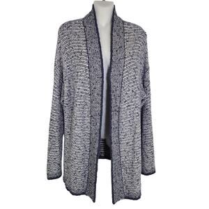 Coldwater Creek Womens Cardigan Sweater L 14 Wool Blue White Open Front Knit